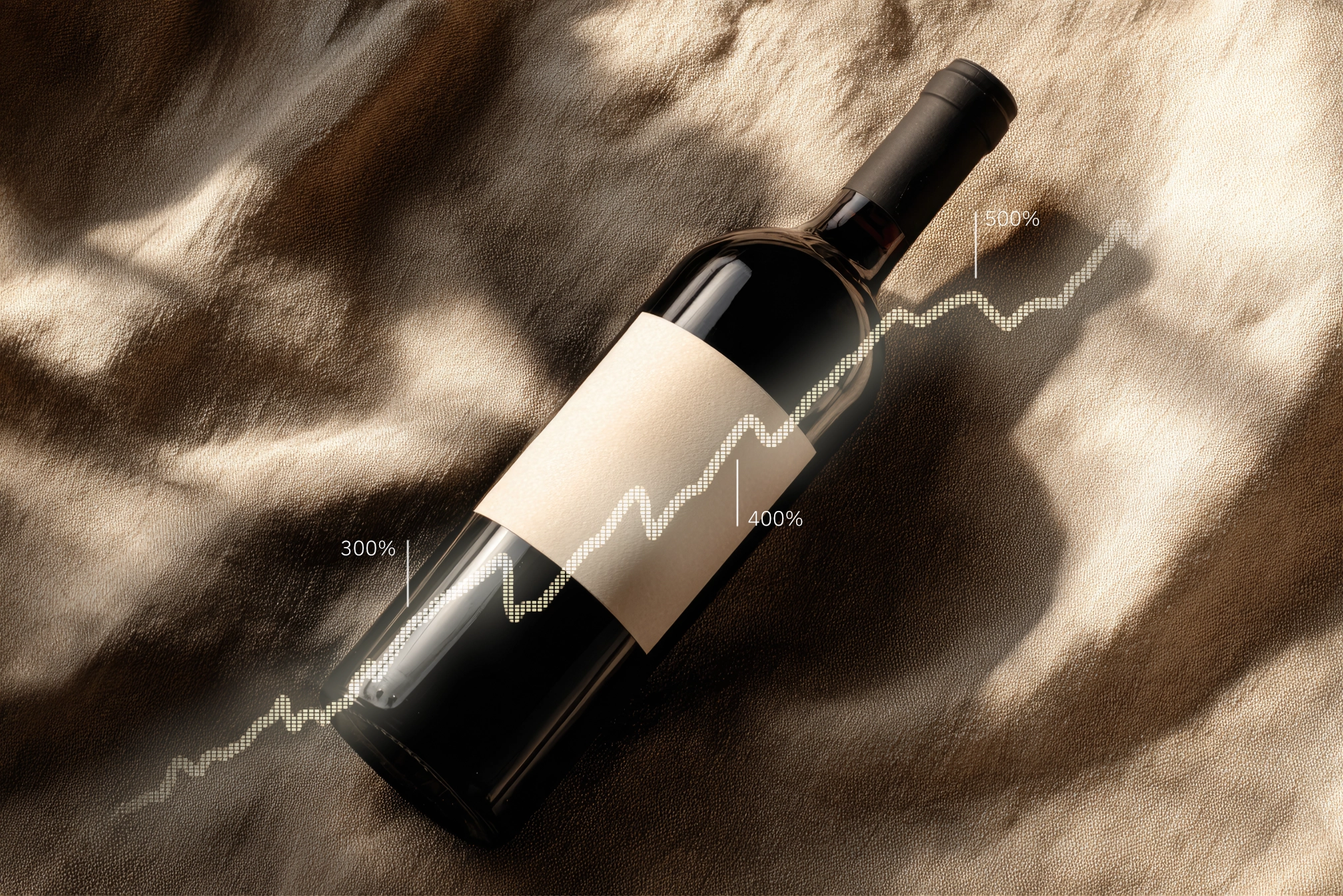 Weinflasche-deren-Hals-nach-rechts-oben-weist-mit-stilisiertem-Graph-für-Wertentwicklung